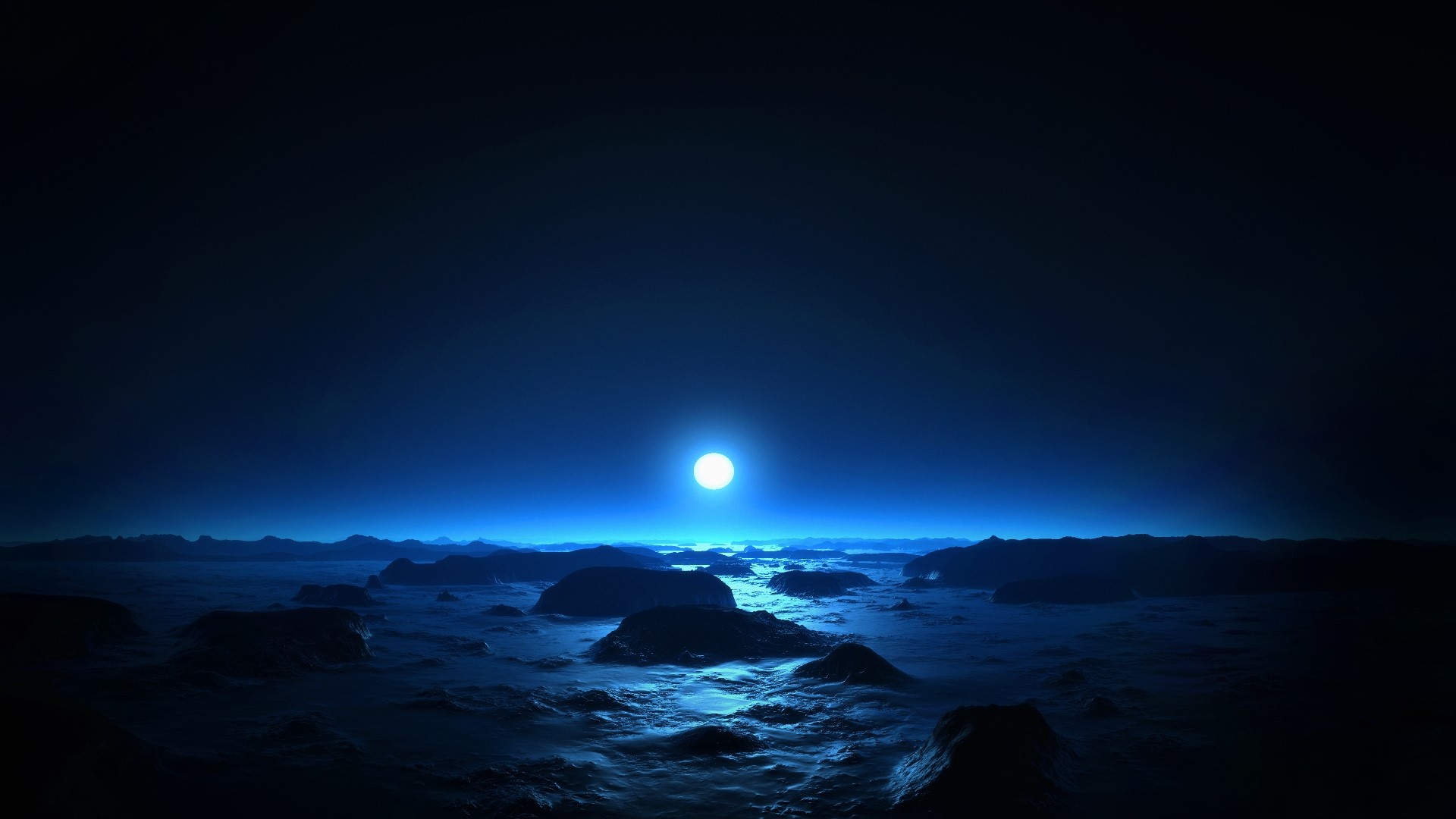 Moon over a rocky, alien landscape HD Wallpaper