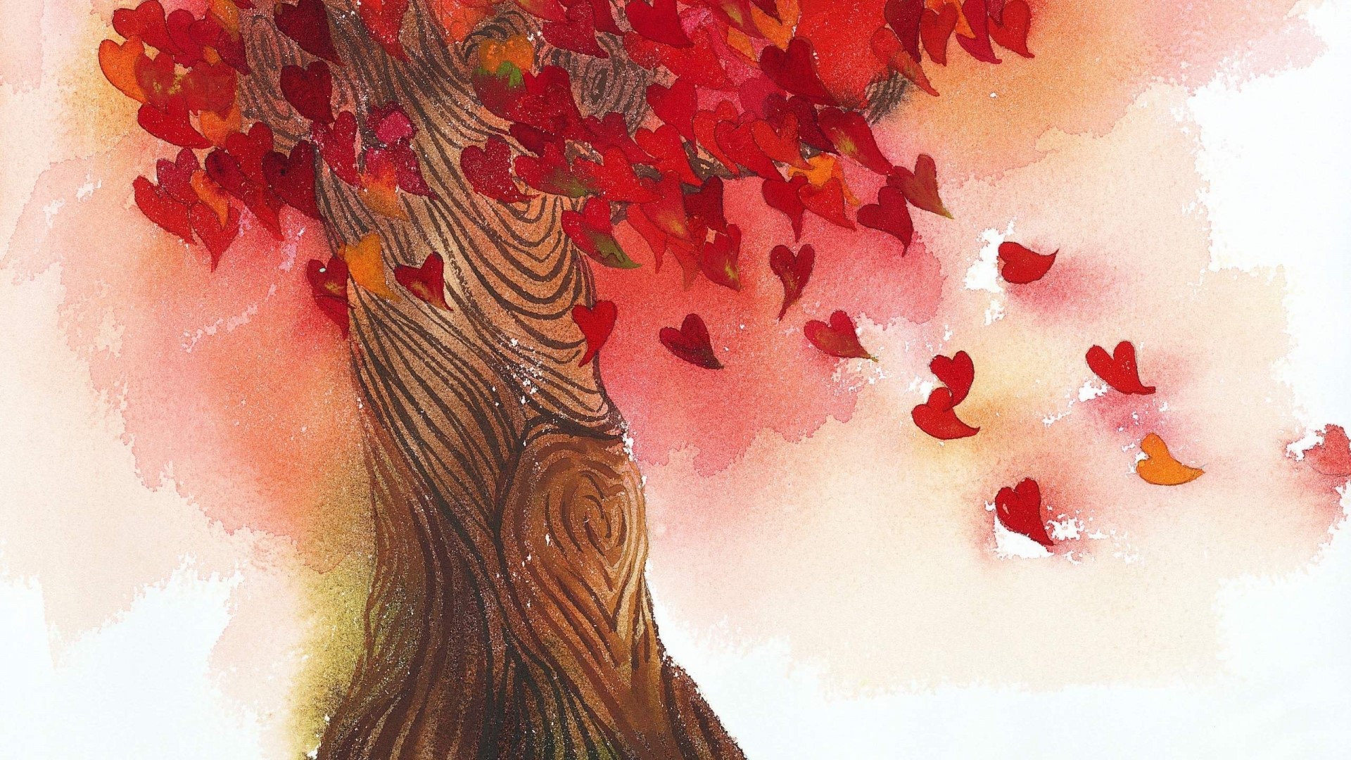 Watercolor painting of a tree with heart-shaped red leaves HD Wallpaper