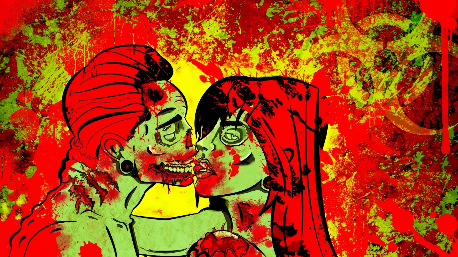 Zombie Couple Kissing with Biohazard Symbol HD Wallpaper