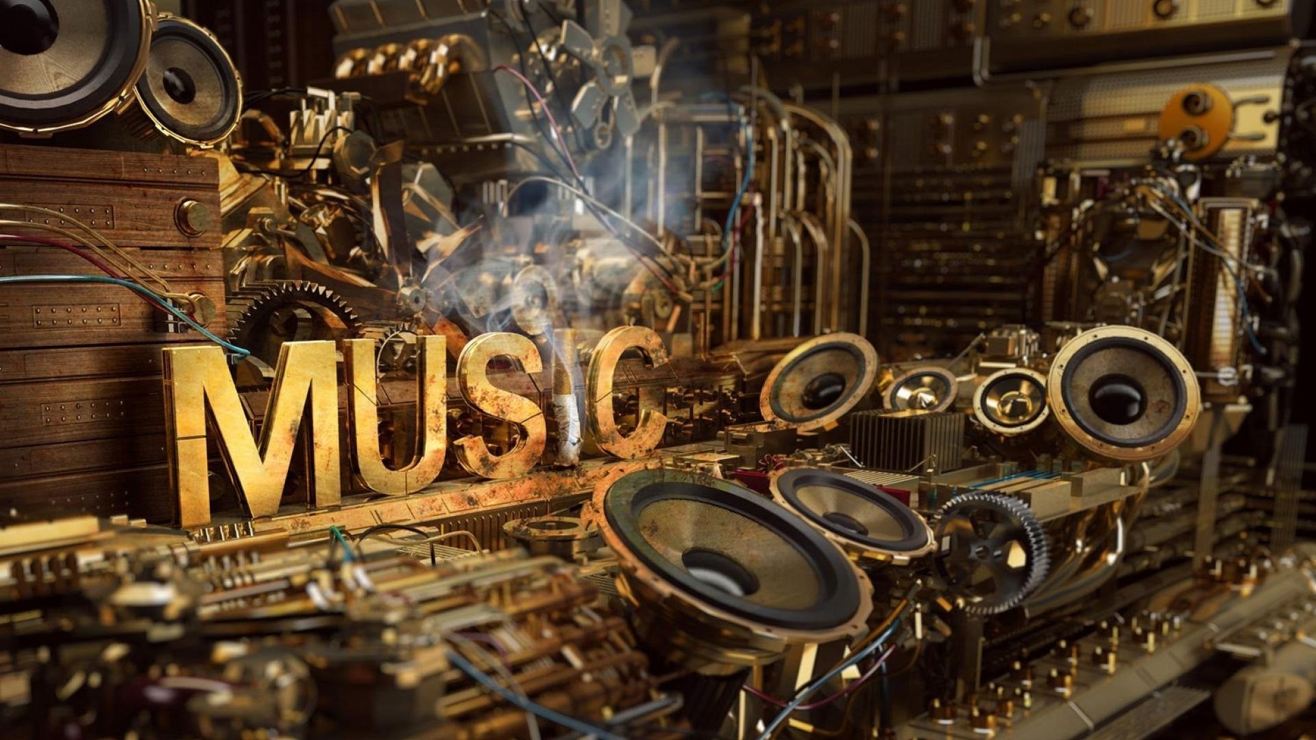Golden "MUSIC" letters with speakers and machinery HD Wallpaper