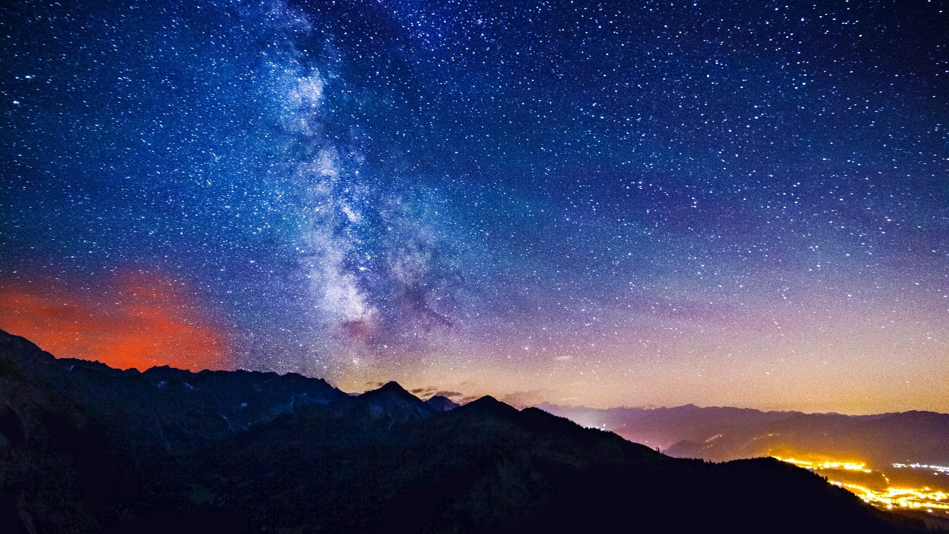 Milky Way over Mountains and City Lights HD Wallpaper