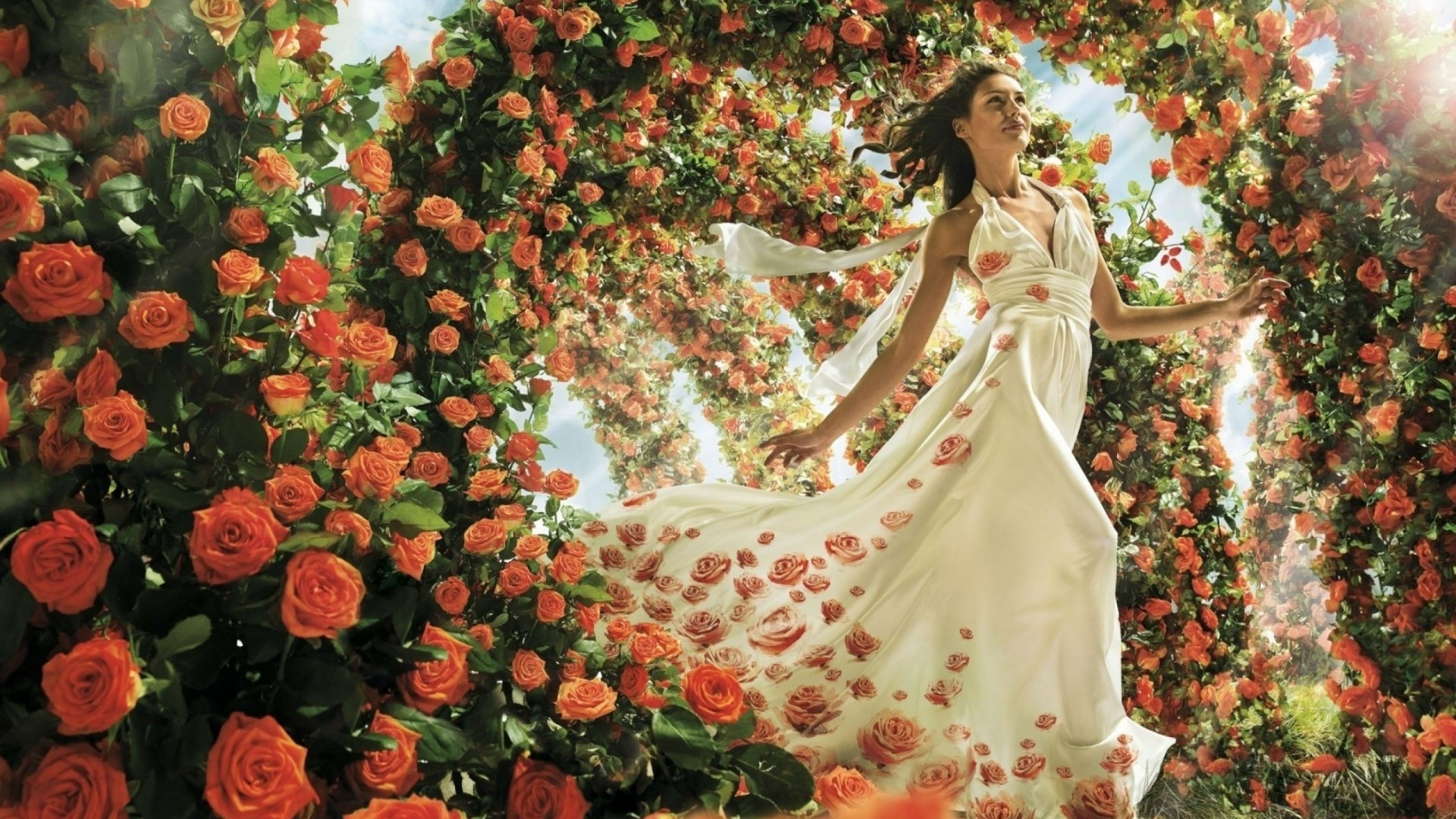 Woman in a rose-covered archway HD Wallpaper
