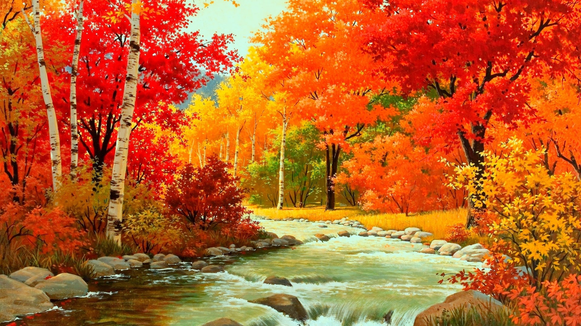 River in Autumn Forest HD Wallpaper
