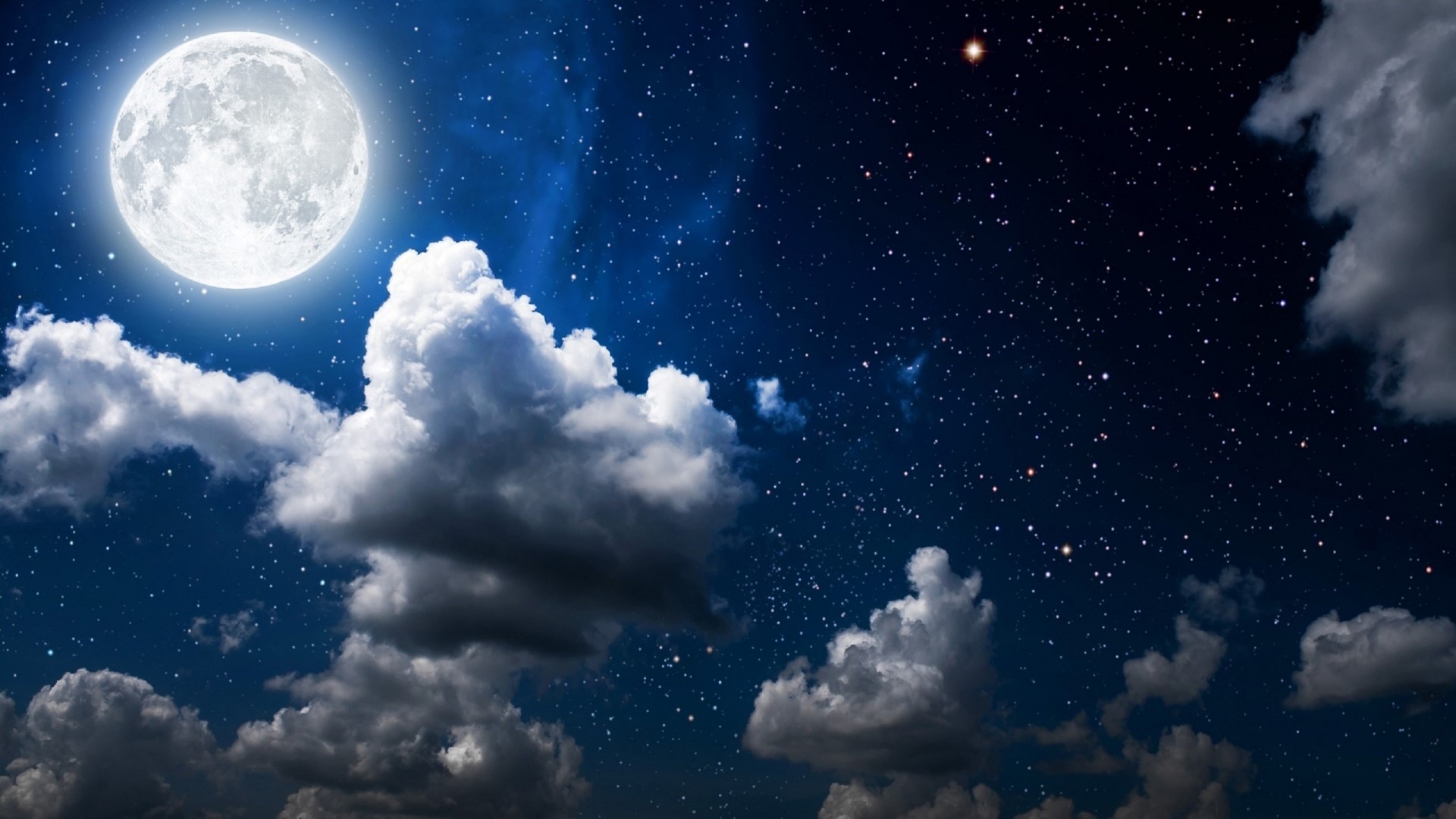 Full Moon and Stars in a Cloudy Night Sky HD Wallpaper