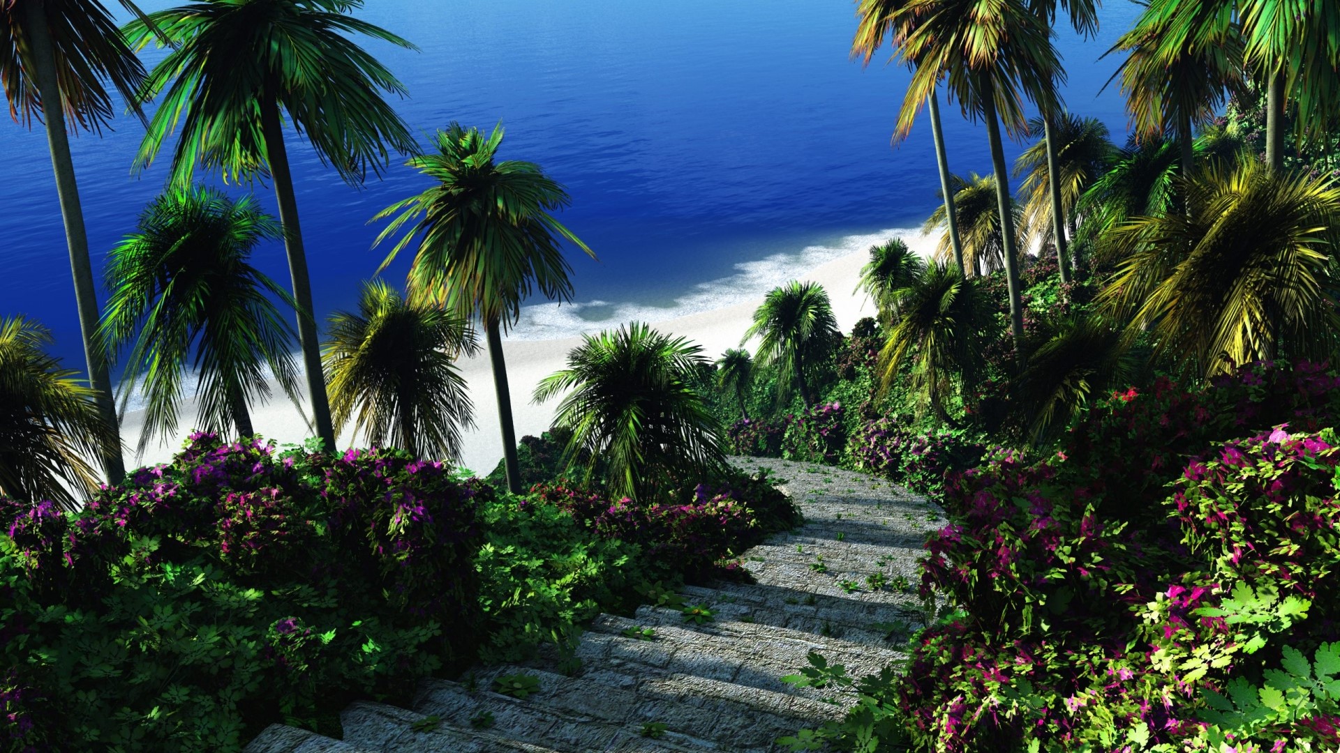 Tropical beach with palm trees and stone stairs HD Wallpaper
