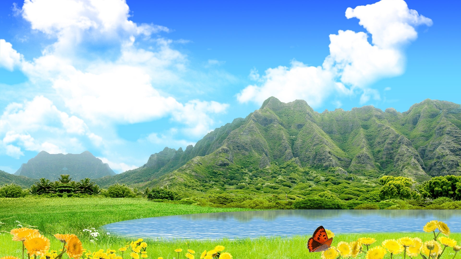 Green Mountains and Lake with Butterfly HD Wallpaper