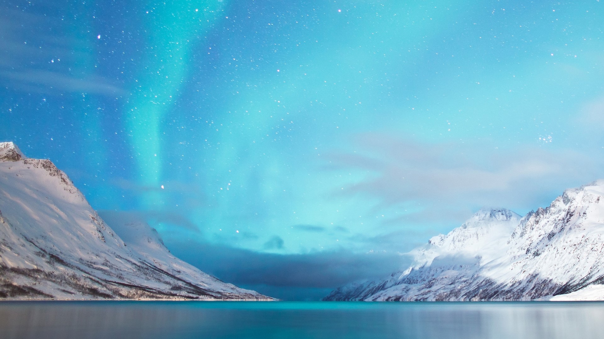 Aurora Borealis over Snowy Mountains and Lake HD Wallpaper
