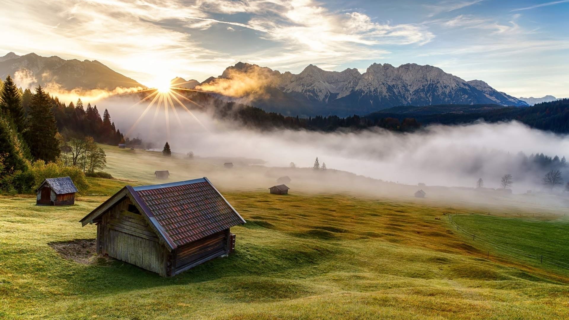 Mountain valley landscape with sunrise and fog HD Wallpaper