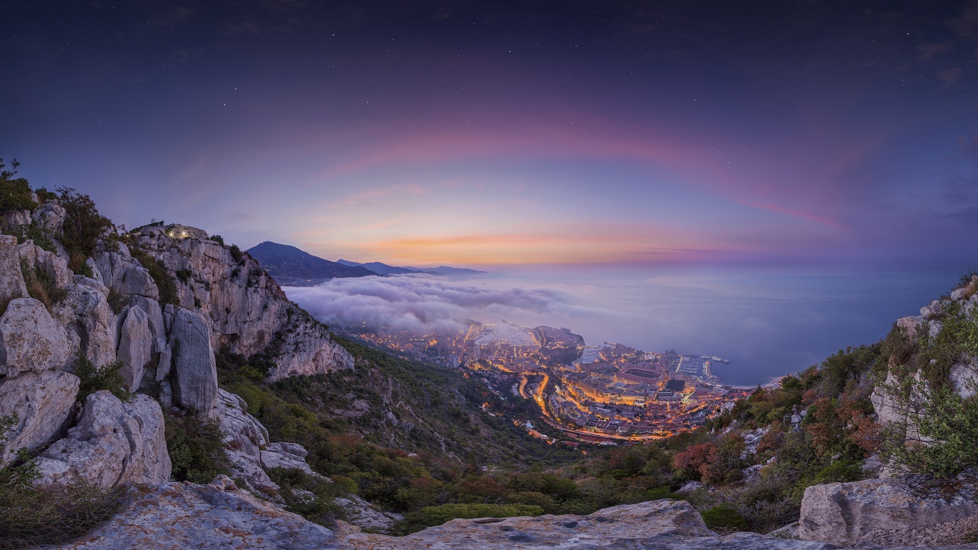 Monaco cityscape at sunrise with clouds over the sea HD Wallpaper