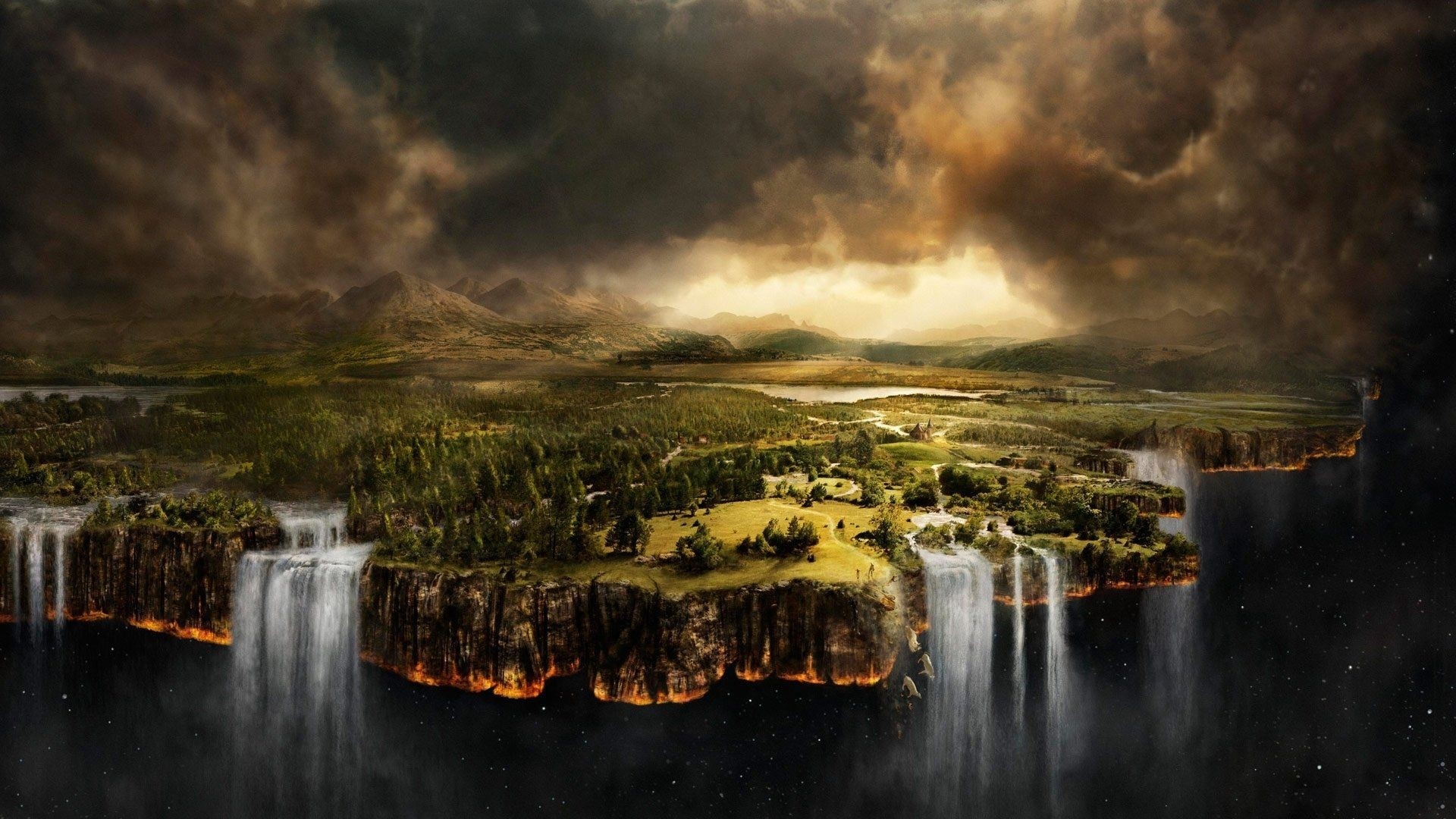 Fantasy floating islands with waterfalls and stormy sky HD Wallpaper