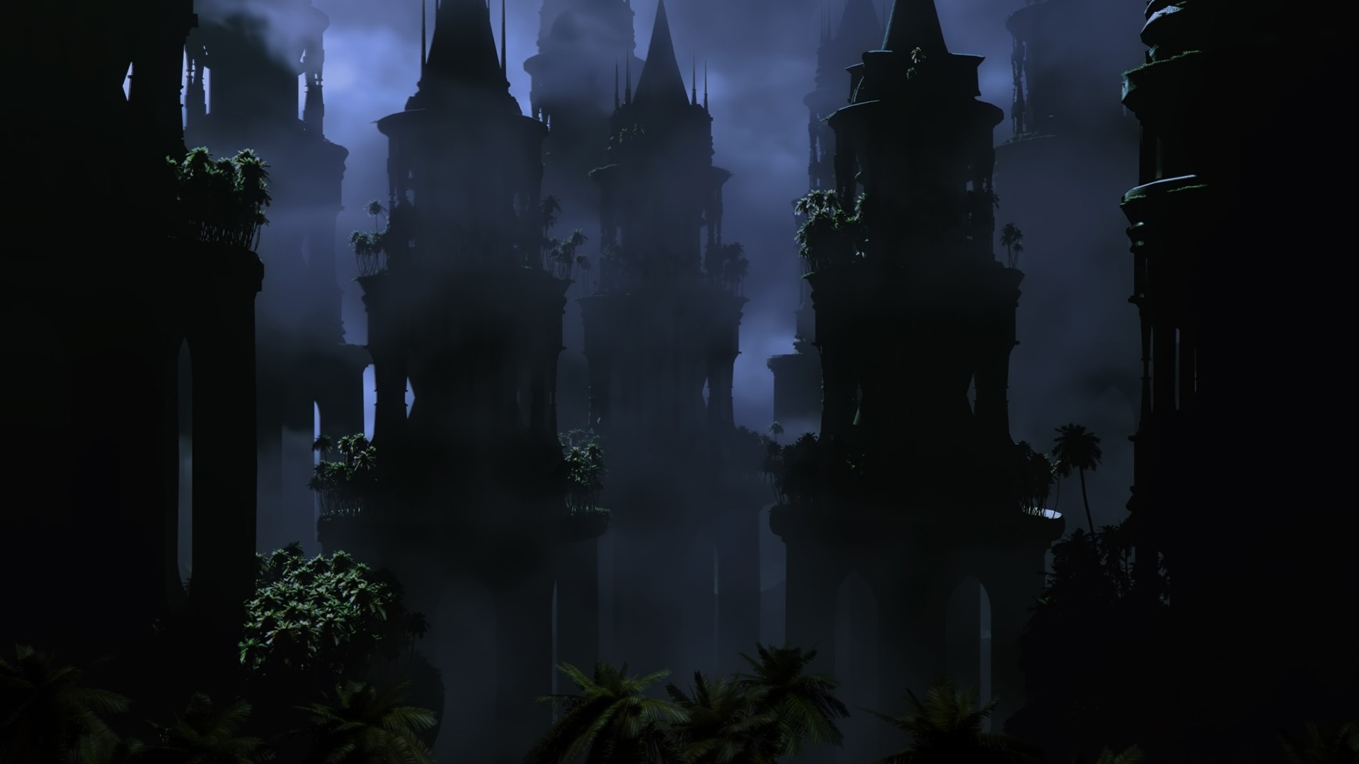 Dark fantasy city with tall spires and fog HD Wallpaper