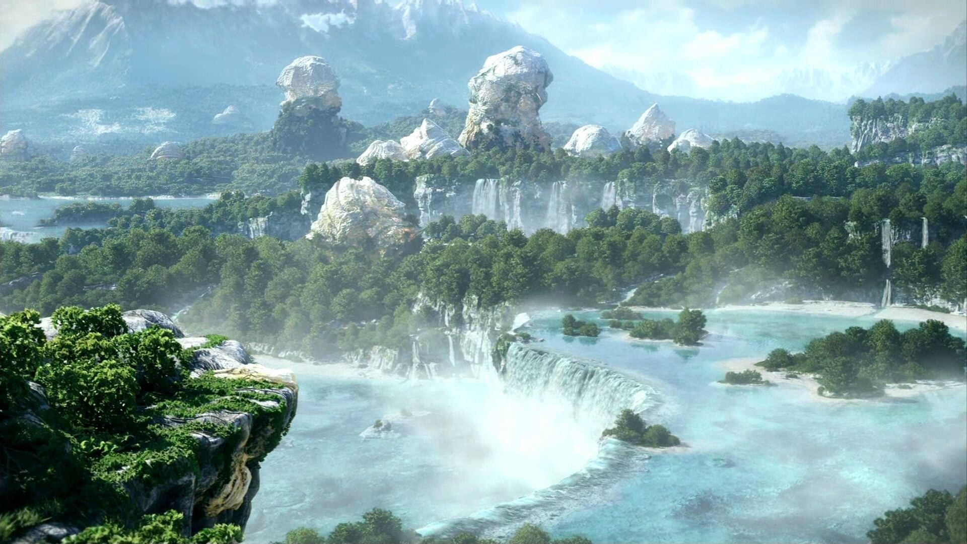 Fantasy landscape with waterfalls and mountains HD Wallpaper