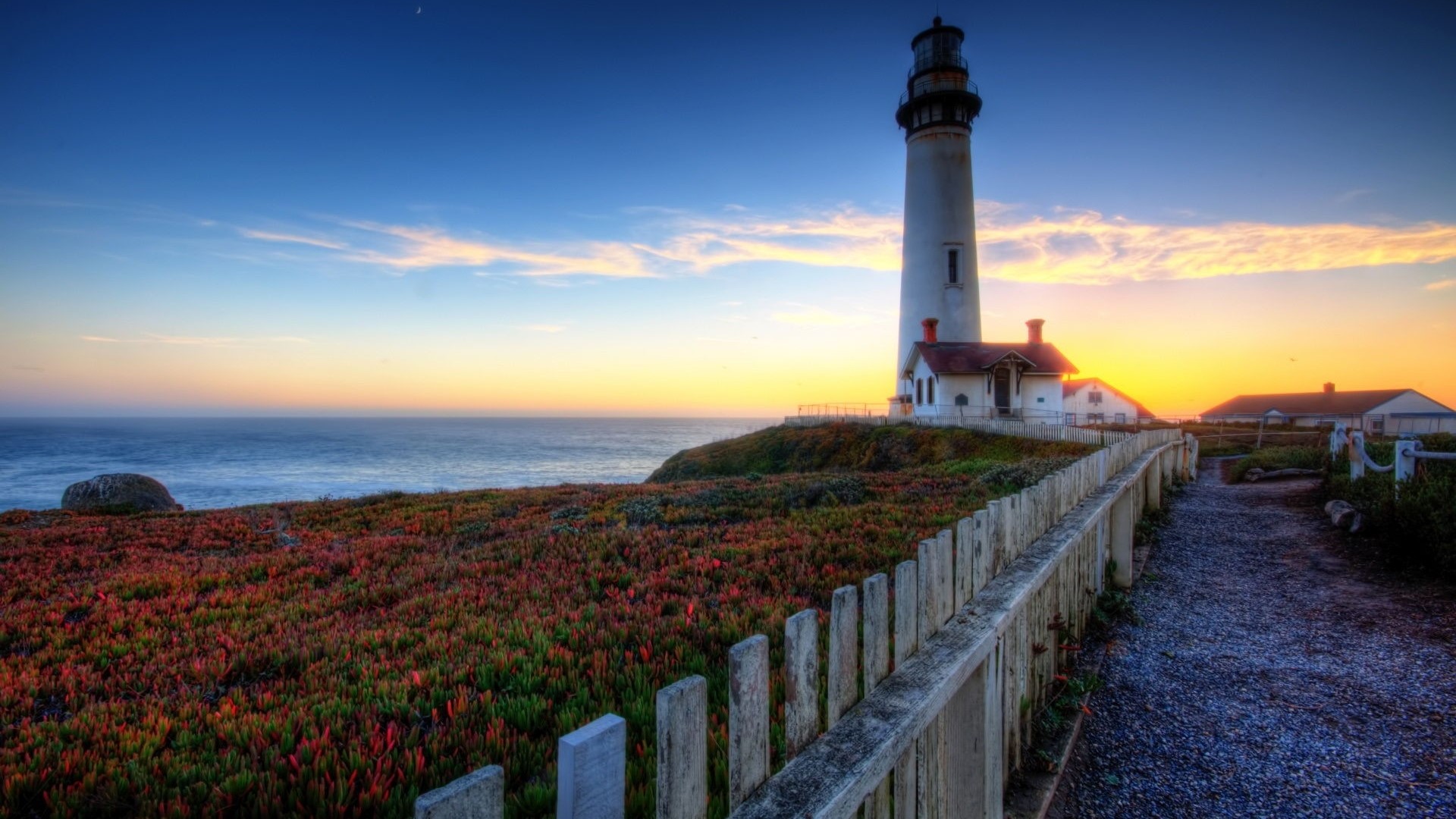 Lighthouse on a cliff overlooking the ocean at sunset HD Wallpaper