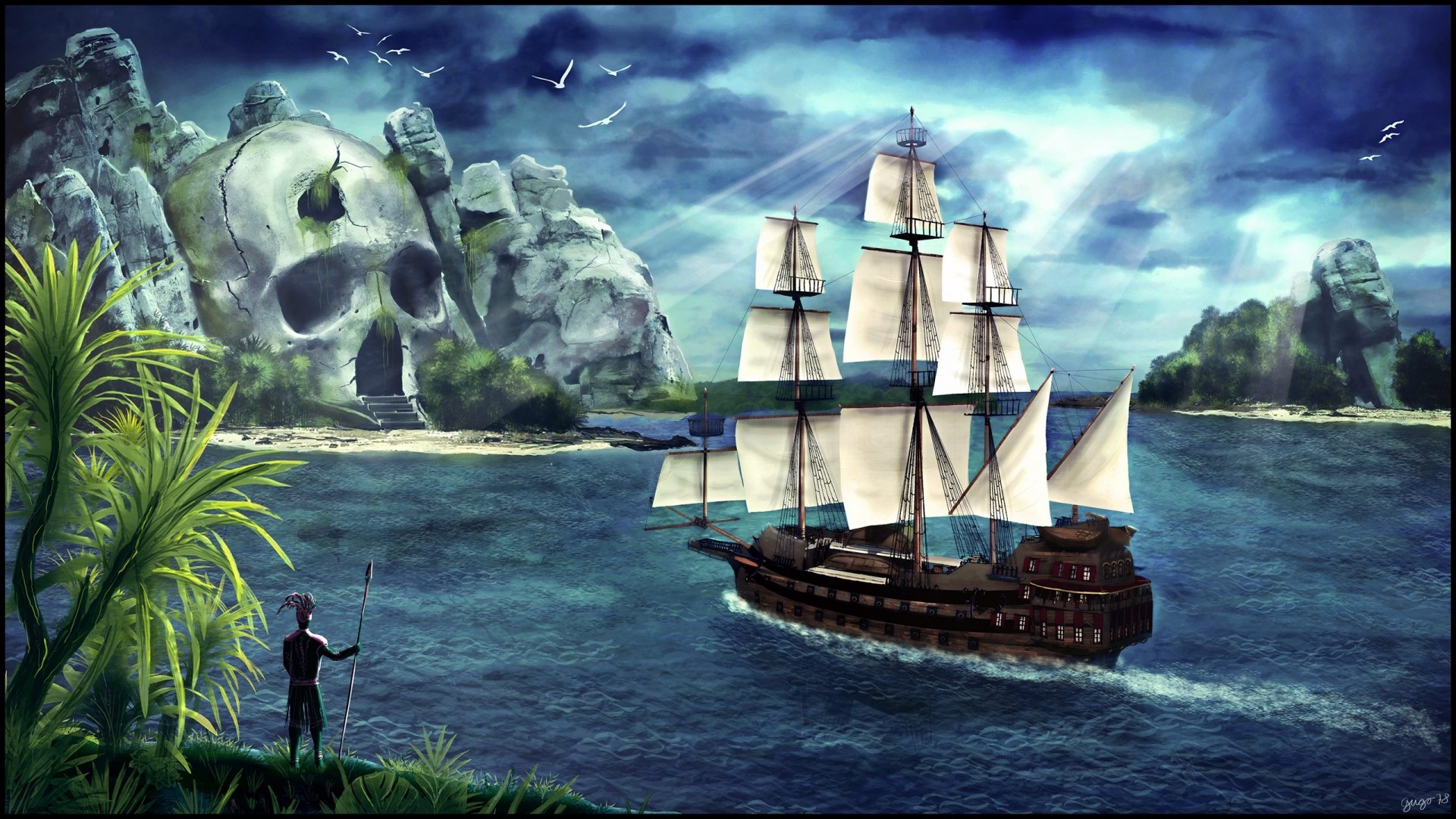 Pirate Ship near Skull Island with Native Warrior HD Wallpaper