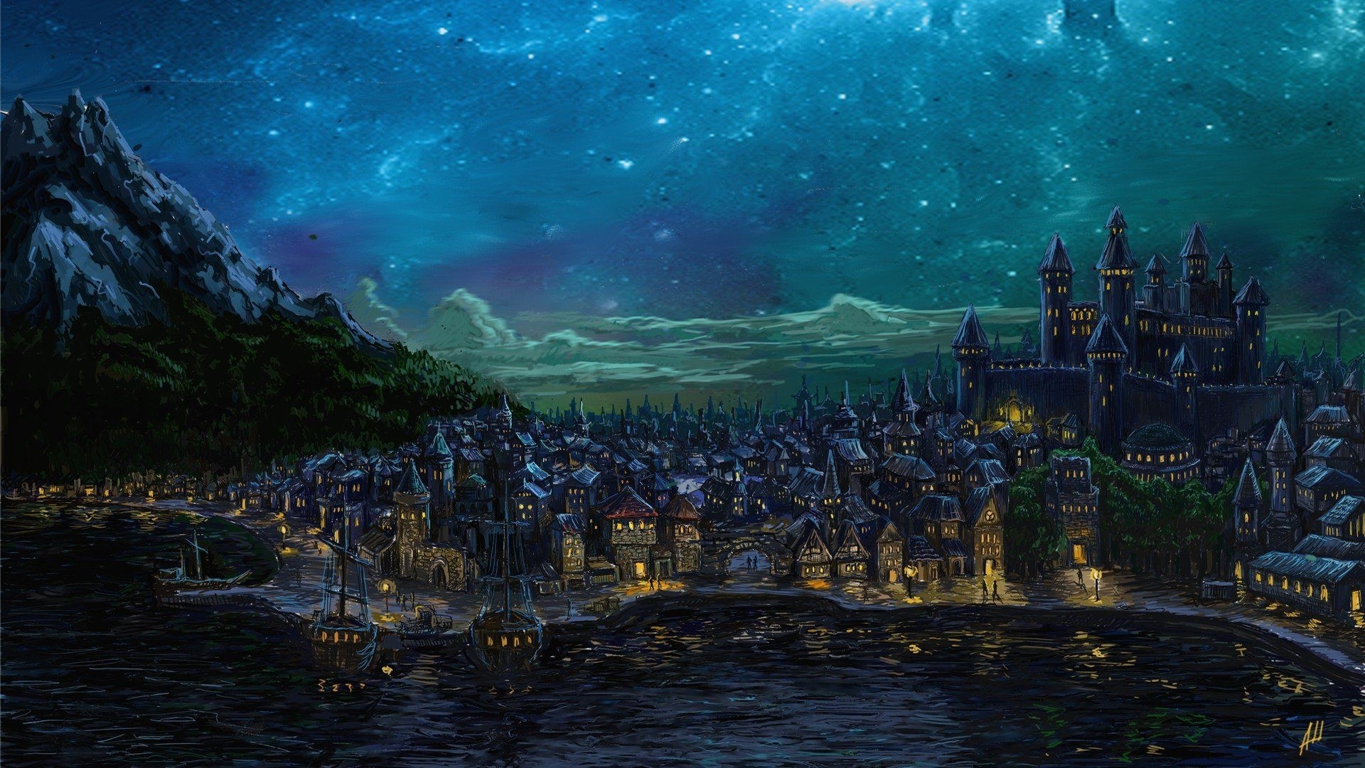 Fantasy city with castle under starry sky HD Wallpaper