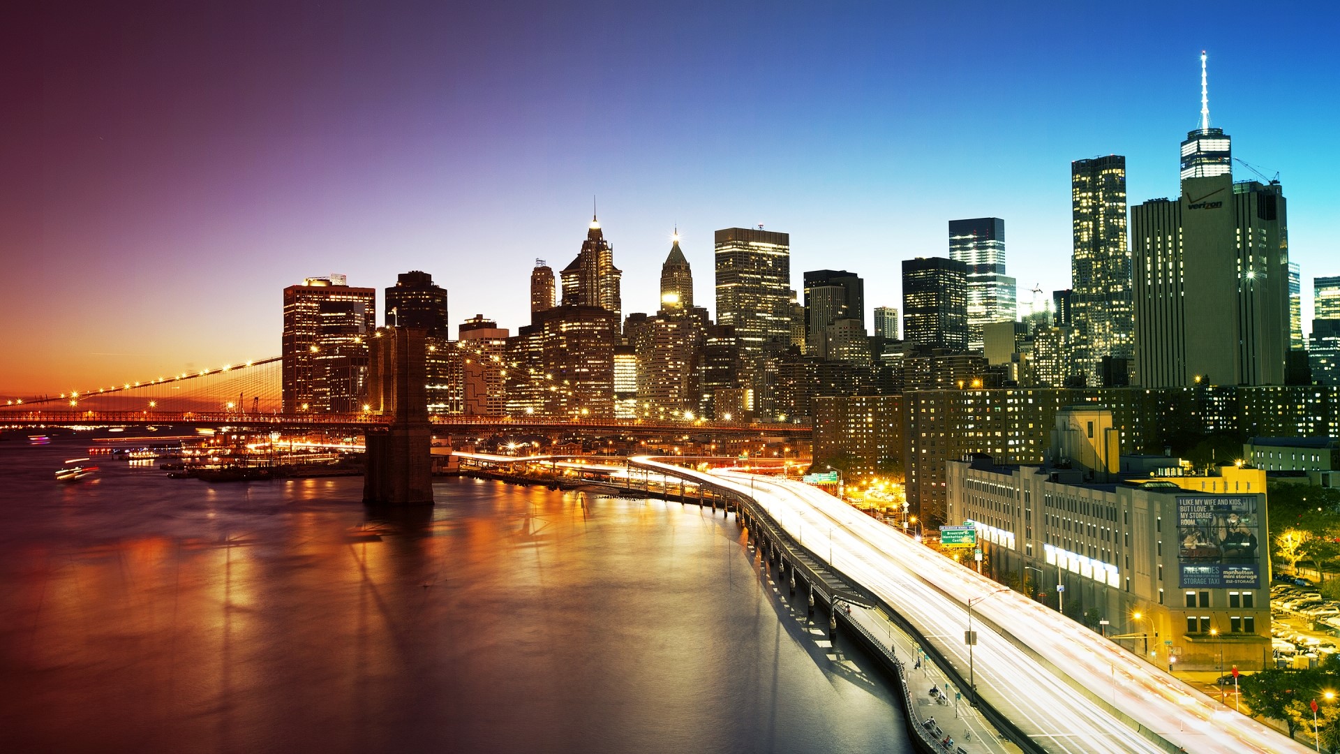 New York City Skyline and Brooklyn Bridge at Dusk HD Wallpaper