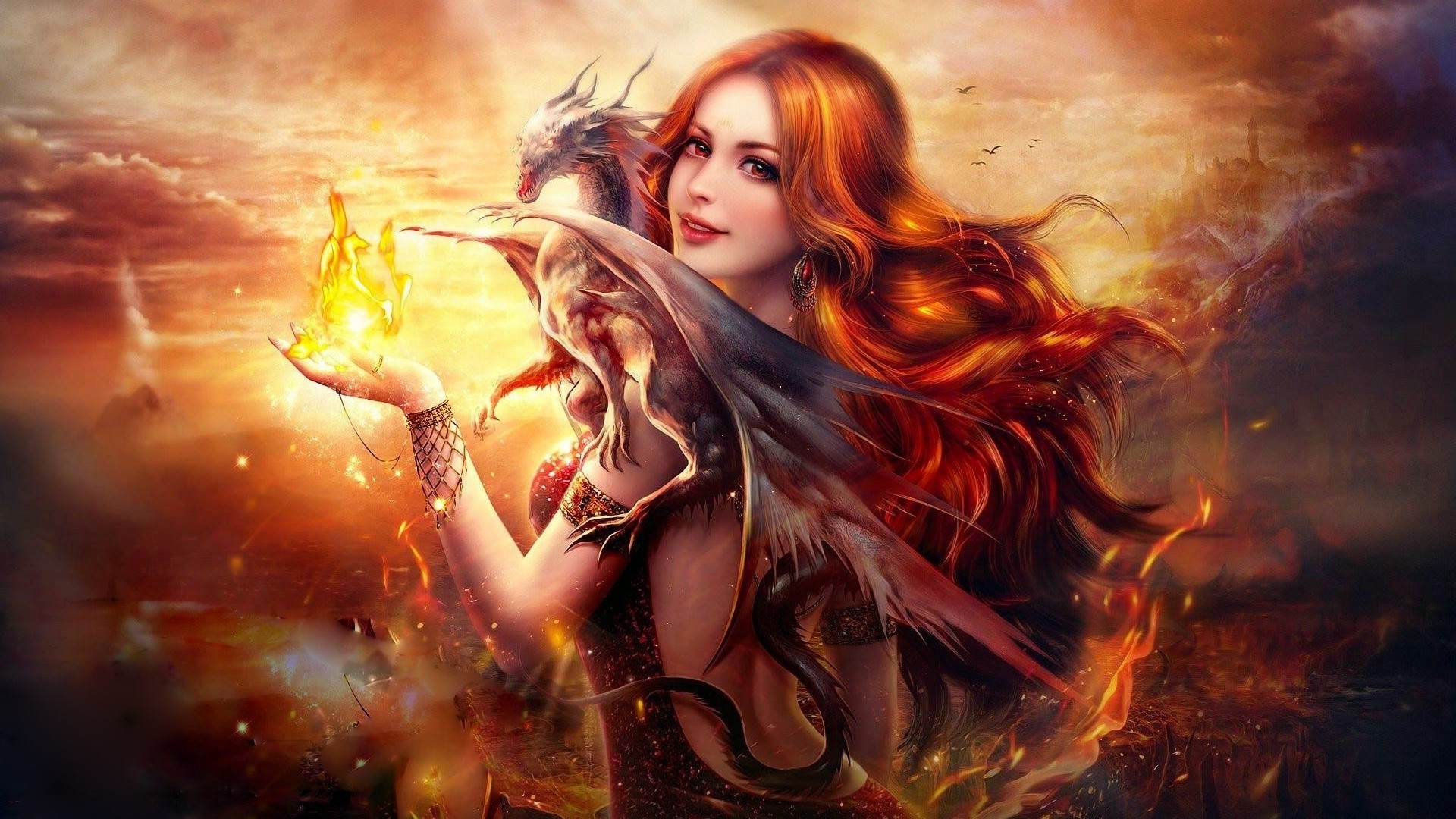 Fantasy girl with dragon and fire HD Wallpaper
