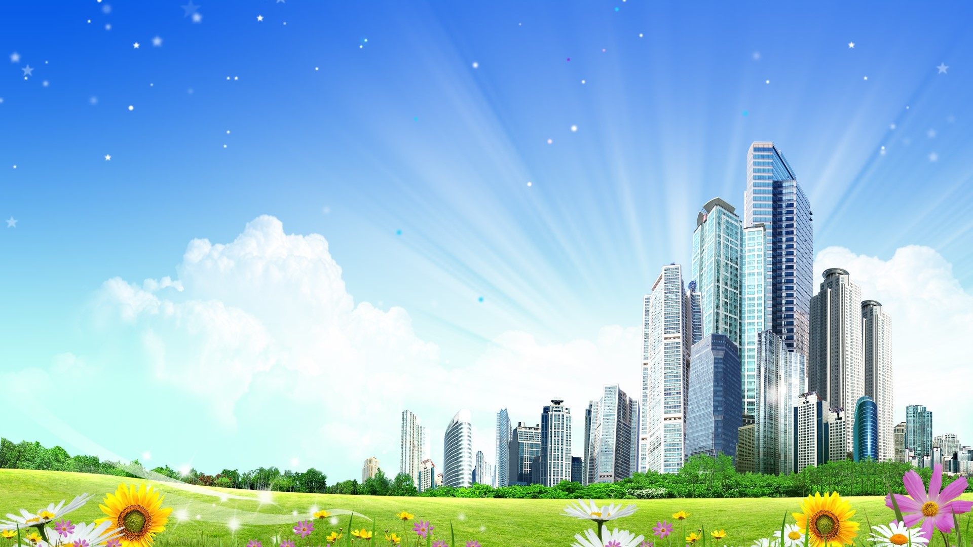 Fantasy Cityscape with Flowers and Stars HD Wallpaper