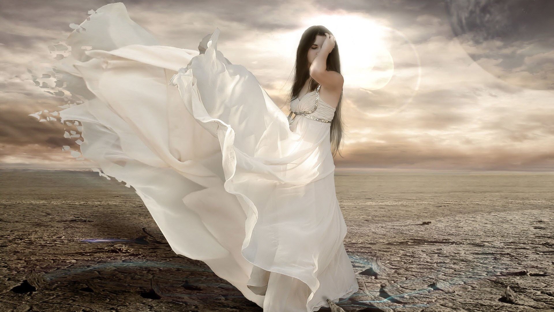 Fantasy Girl in White Dress in Desert HD Wallpaper
