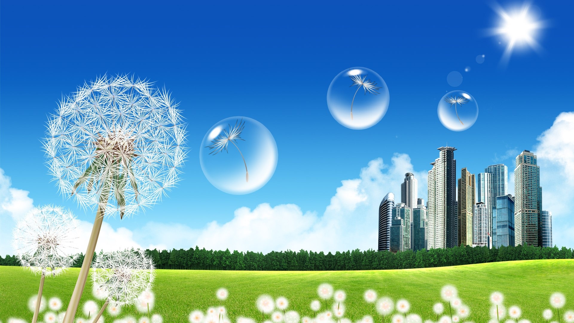 Dandelions and Cityscape under Blue Sky HD Wallpaper