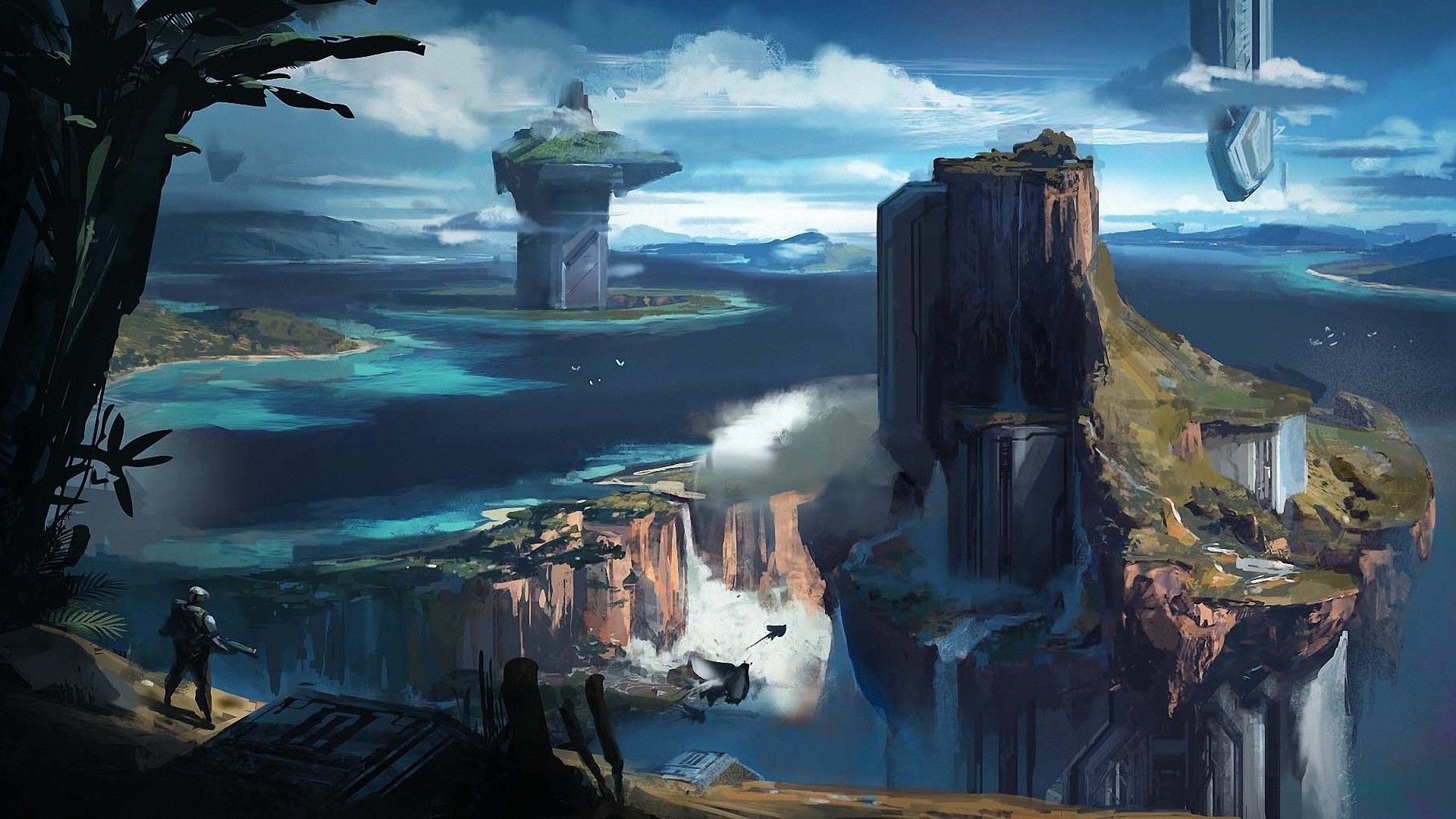 Sci-Fi Fantasy Island Landscape with Floating Structures HD Wallpaper
