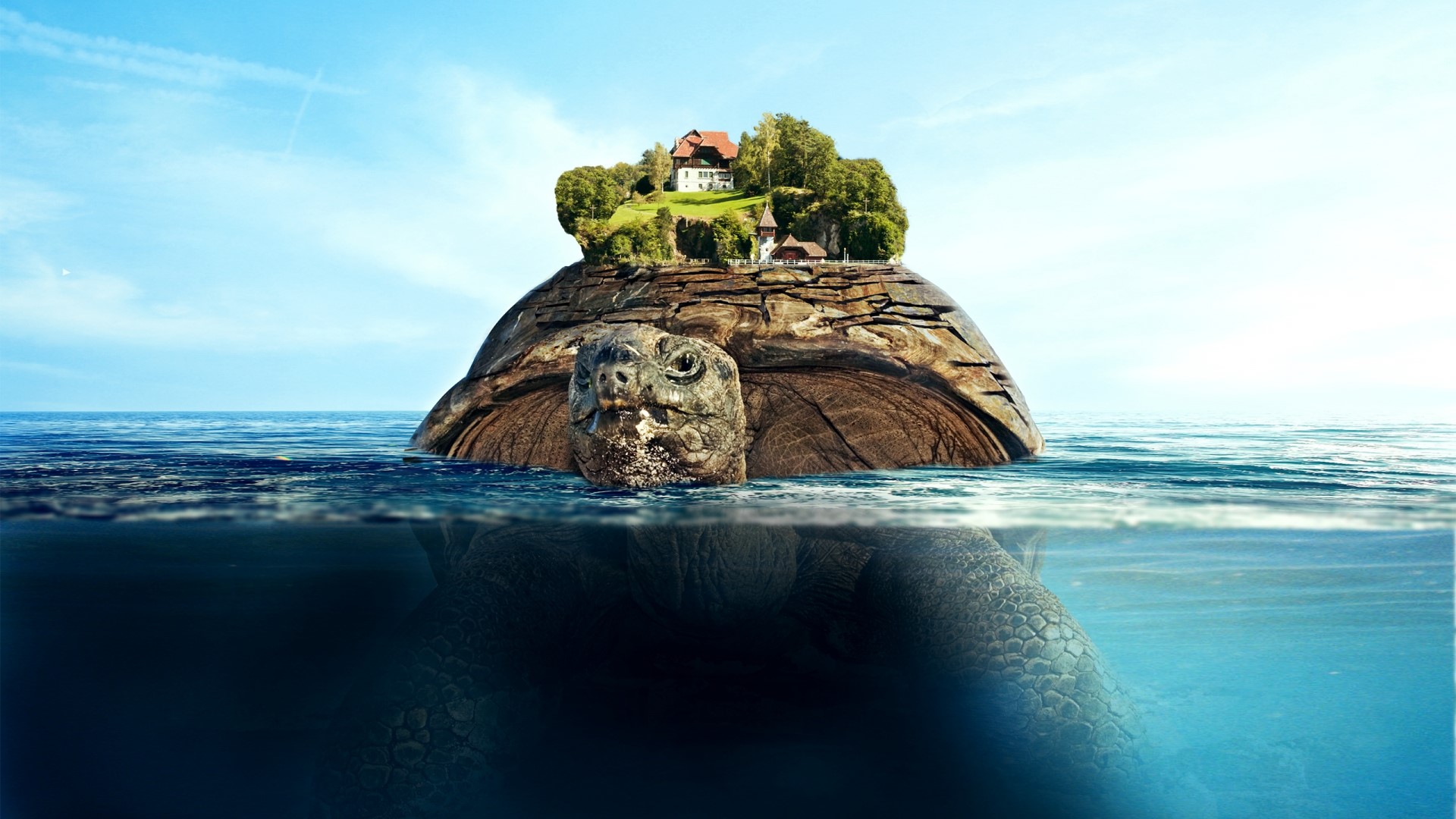 Fantasy Island on a Giant Turtle in the Ocean HD Wallpaper