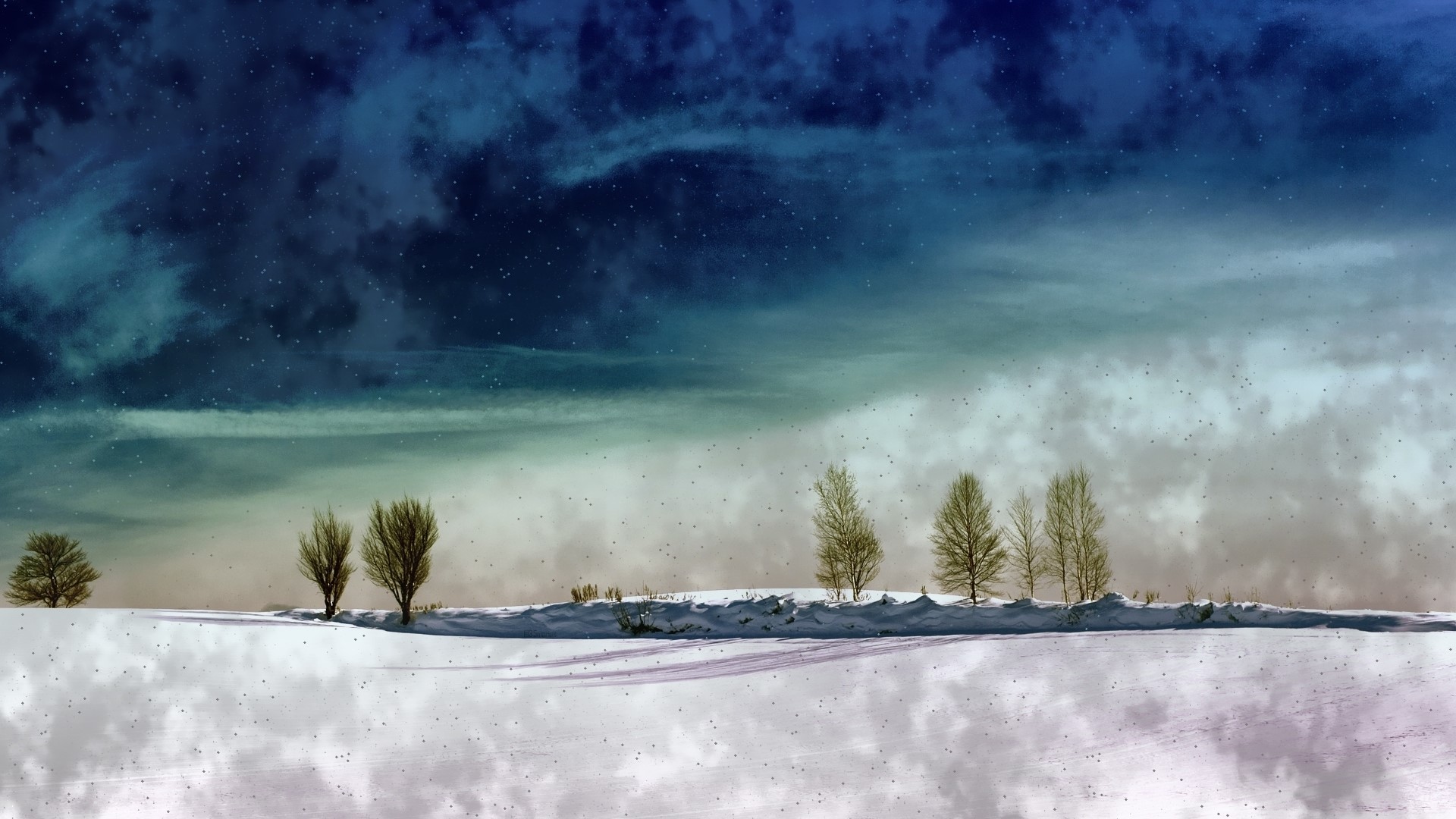 Fantasy winter landscape with trees under a starry sky HD Wallpaper