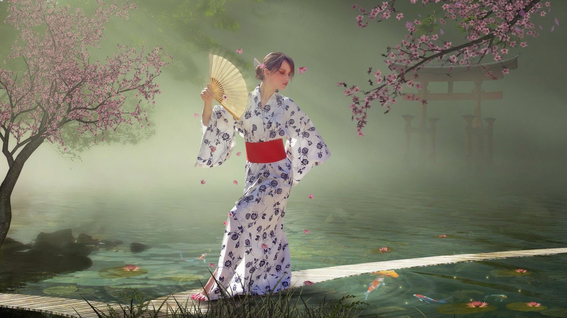 Fantasy Girl in Kimono with Fan by Pond HD Wallpaper
