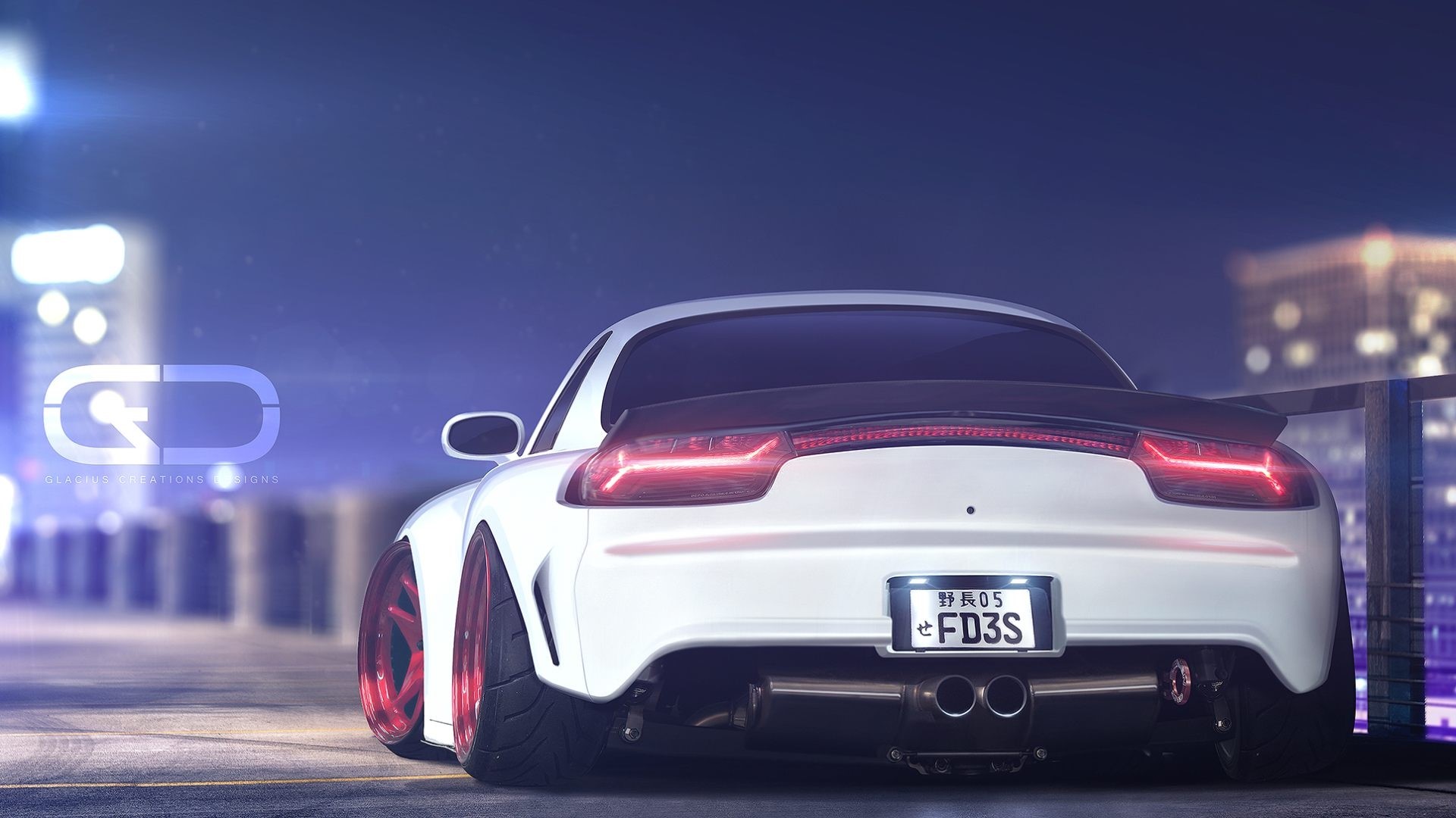 White Mazda RX-7 FD3S with custom wheels at night HD Wallpaper