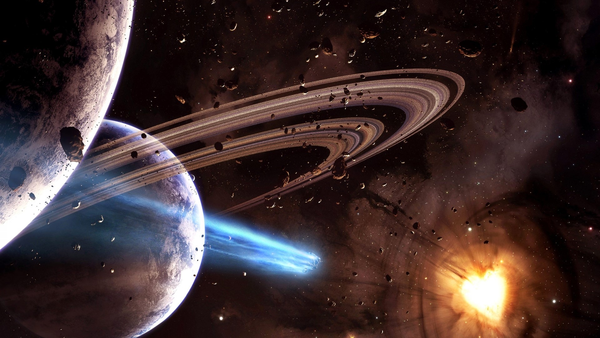 Planets with rings and a comet in outer space HD Wallpaper