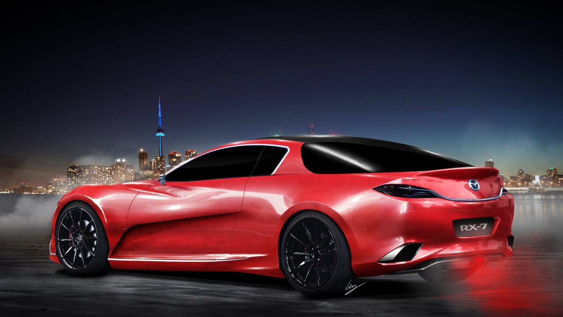 Red Mazda RX-7 concept car at night HD Wallpaper