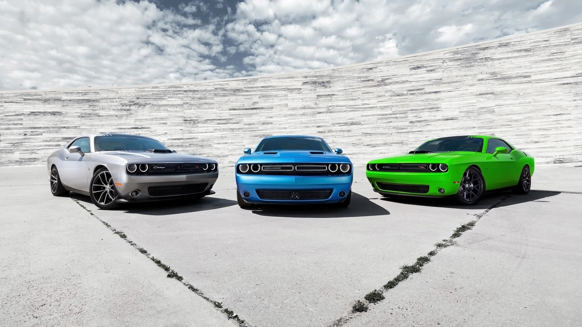 Three Dodge Challengers in different colors HD Wallpaper
