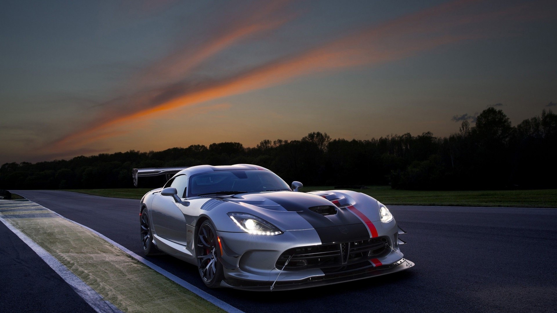 Silver Dodge Viper ACR on a race track at dusk HD Wallpaper