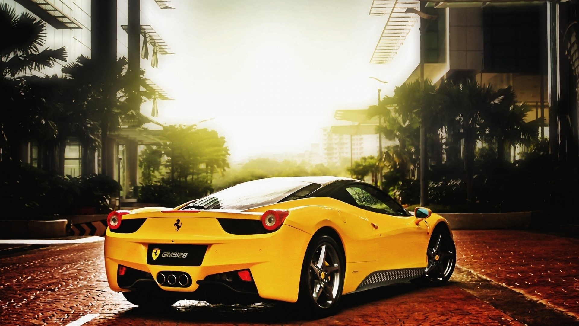 Yellow Ferrari 458 Italia parked on wet street HD Wallpaper