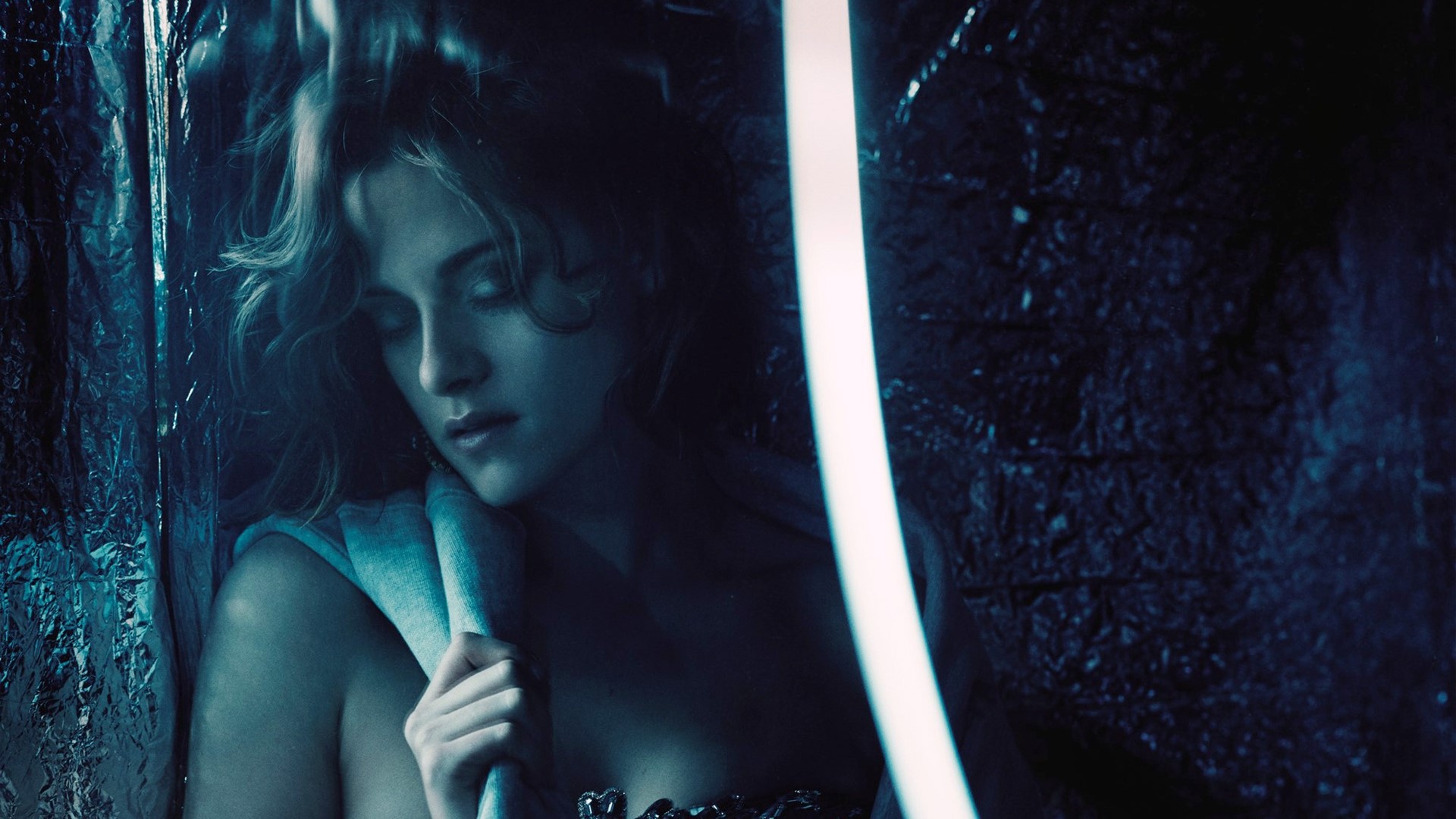 Kristen Stewart in a dark, futuristic setting HD Wallpaper