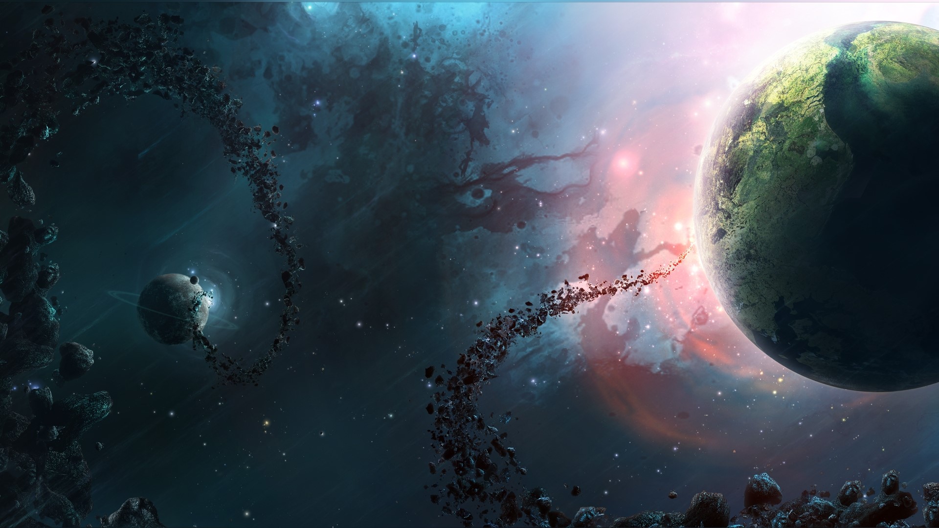 Planets and asteroid belts in a colorful nebula HD Wallpaper
