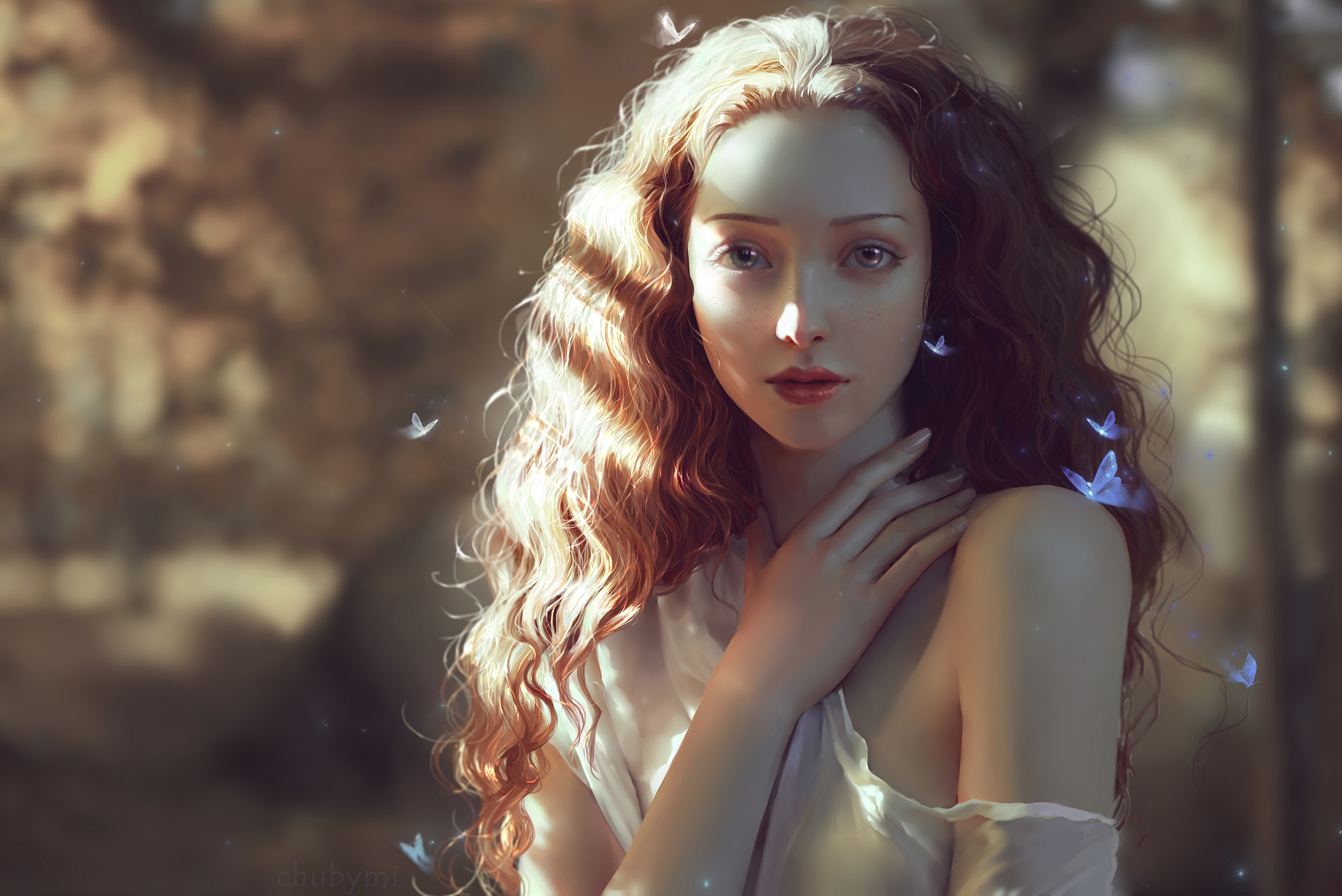 Beautiful young woman with butterflies in forest HD Wallpaper