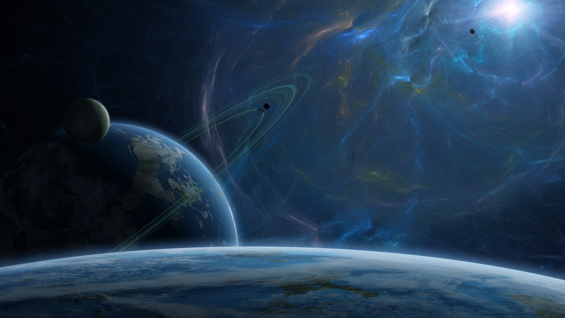 Outer Space Planets with Nebula and Rings HD Wallpaper