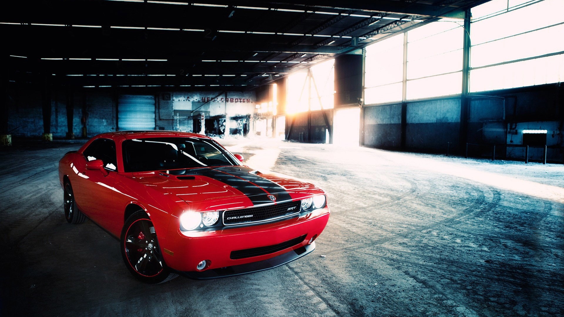 Red Dodge Challenger SRT in a warehouse HD Wallpaper