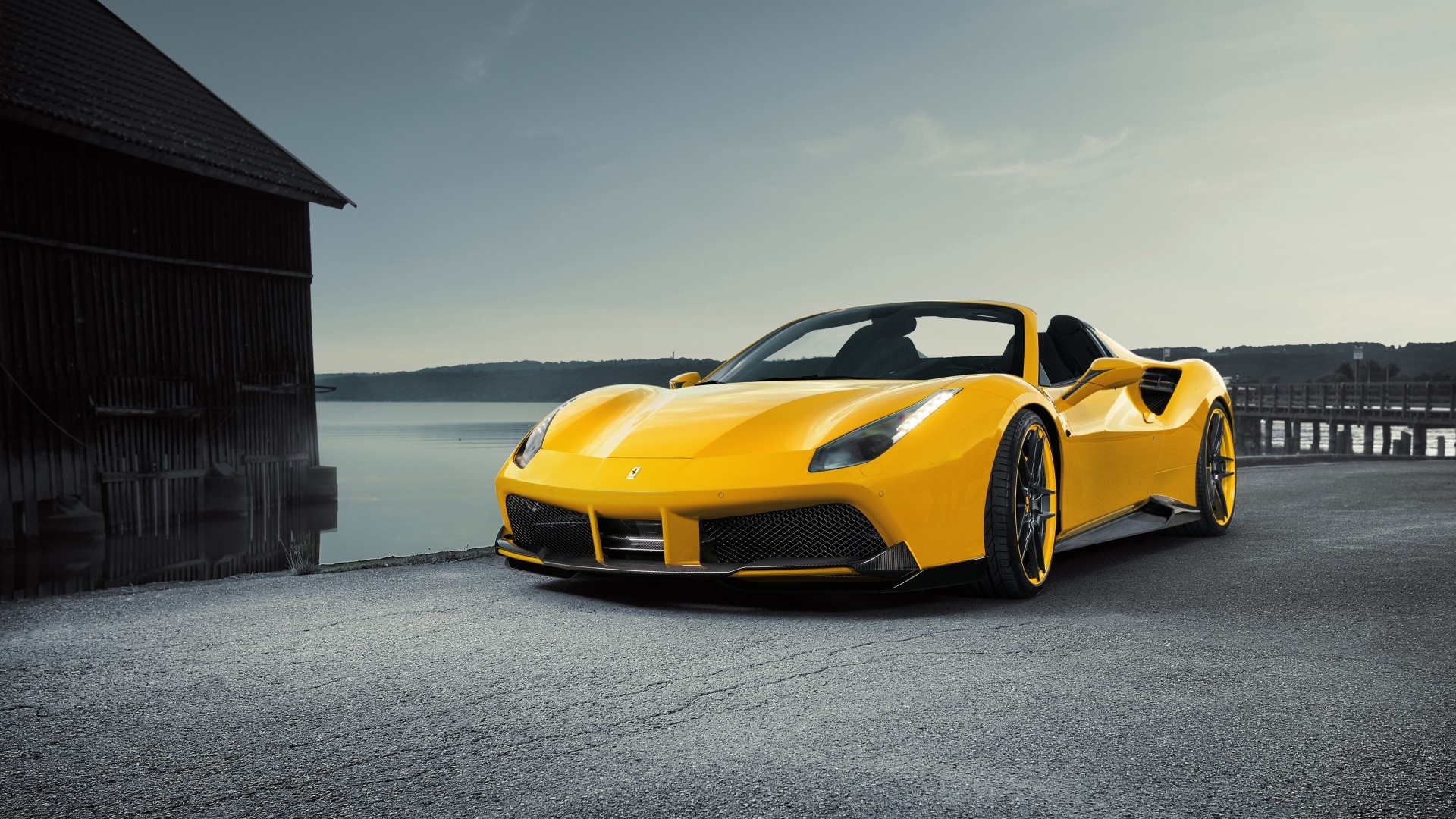 Yellow 2017 Ferrari 488 Spider by a Lake HD Wallpaper