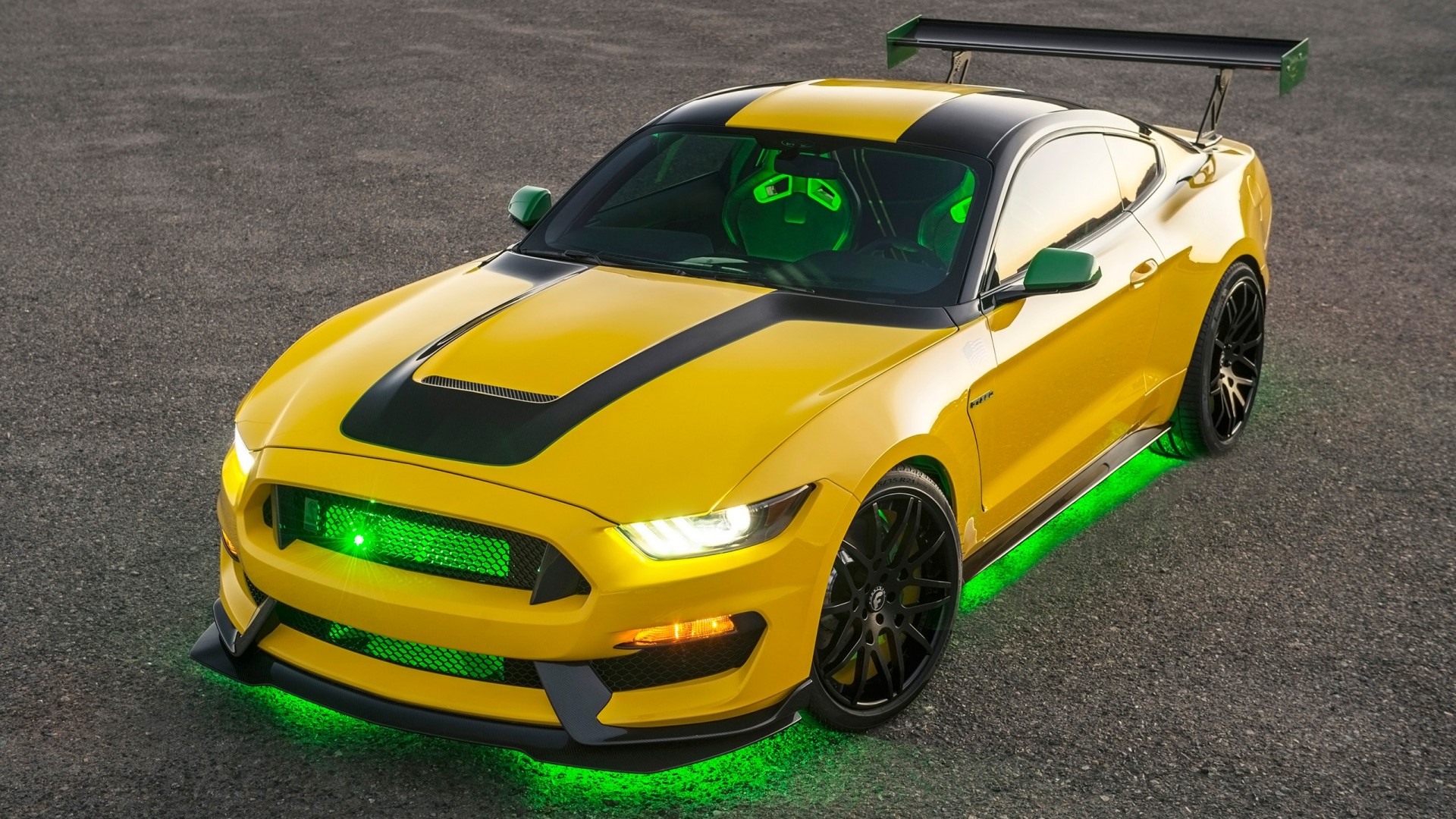 Yellow 2016 Ford Shelby GT350 Mustang with Green Accents HD Wallpaper