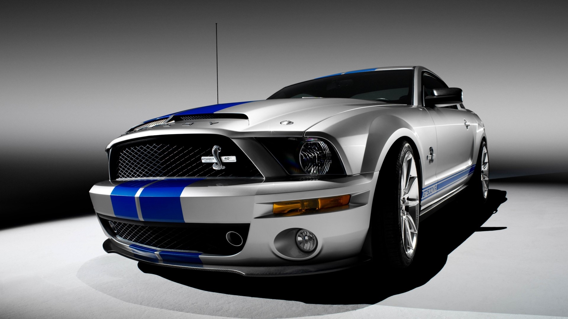 Silver Shelby Mustang GT500 with blue stripes HD Wallpaper