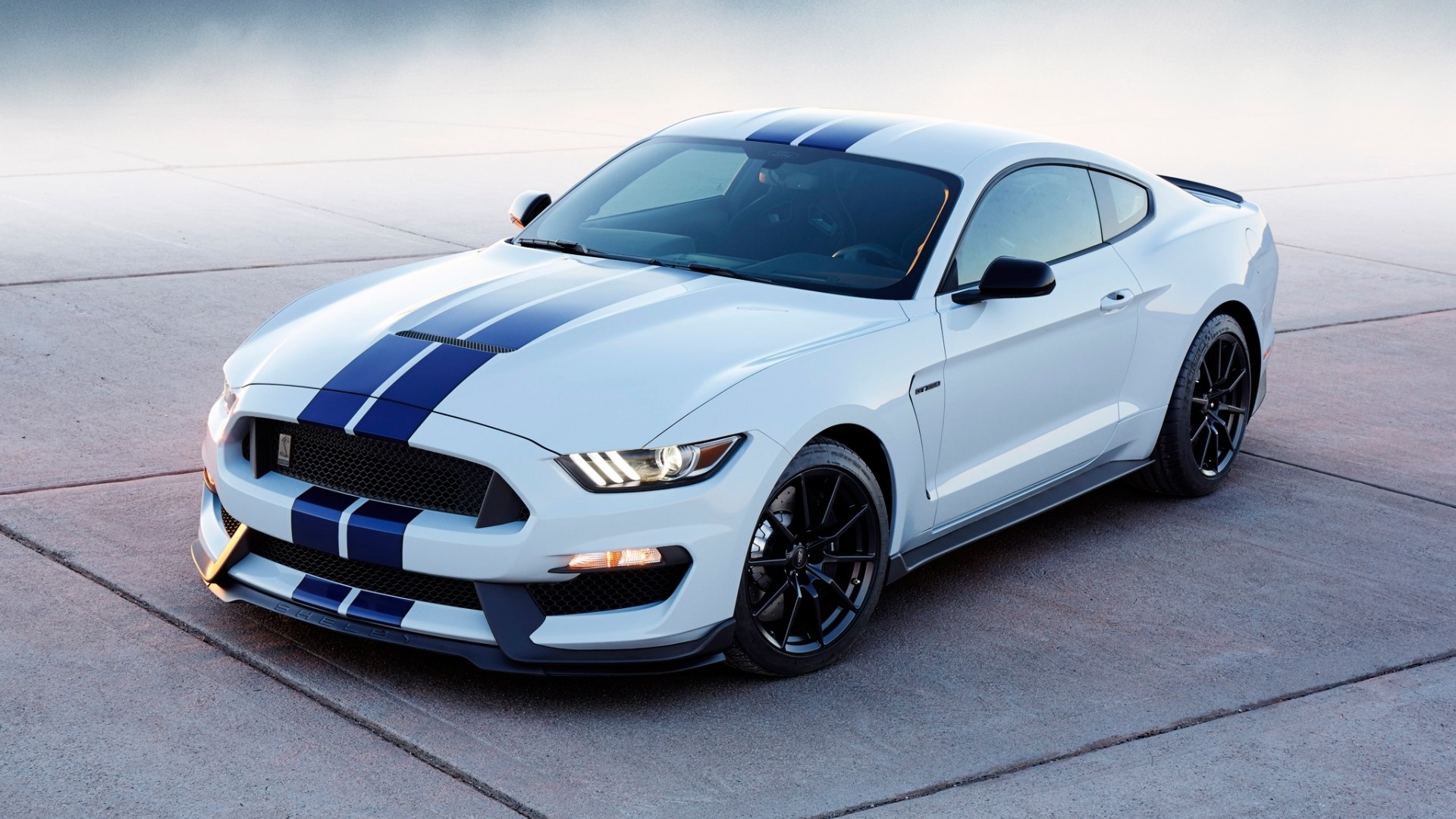 White Ford Mustang Shelby GT350 with Blue Stripes HD Wallpaper