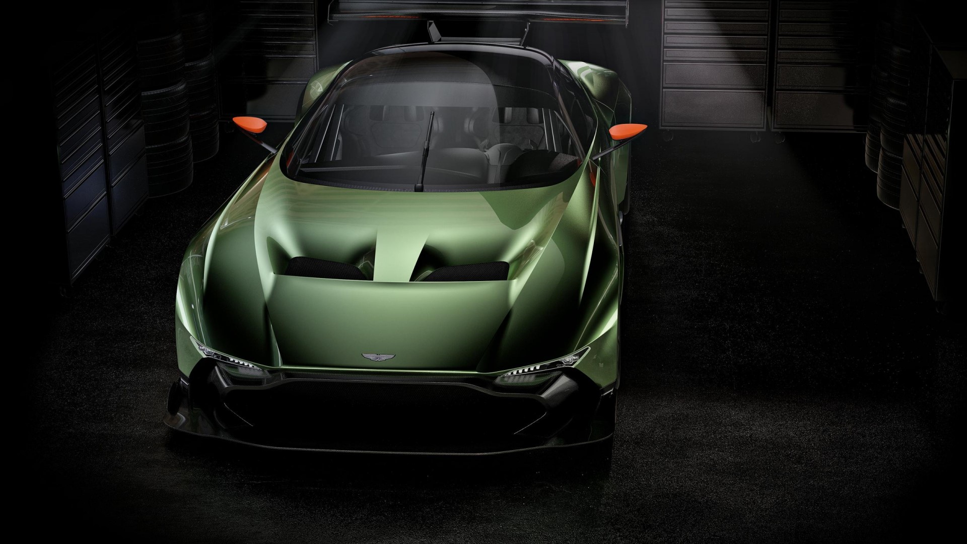 Green Aston Martin Vulcan race car in garage HD Wallpaper