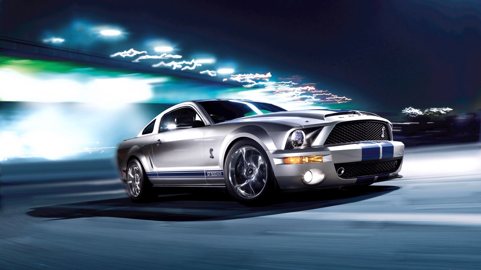 Silver Ford Mustang Shelby GT500 driving at night HD Wallpaper