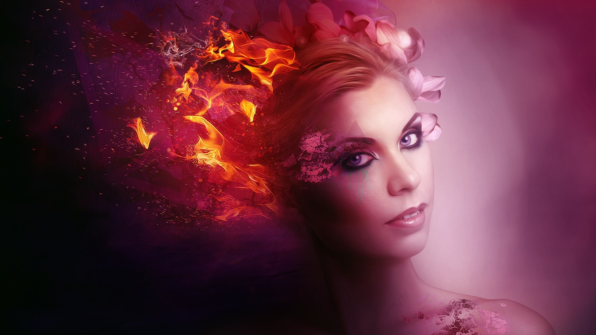 Fantasy woman with fire and flowers HD Wallpaper