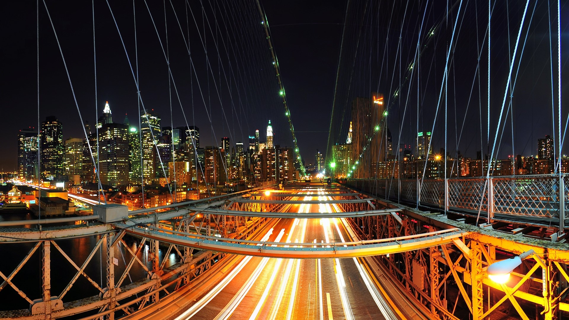New York City Skyline at Night from Brooklyn Bridge HD Wallpaper
