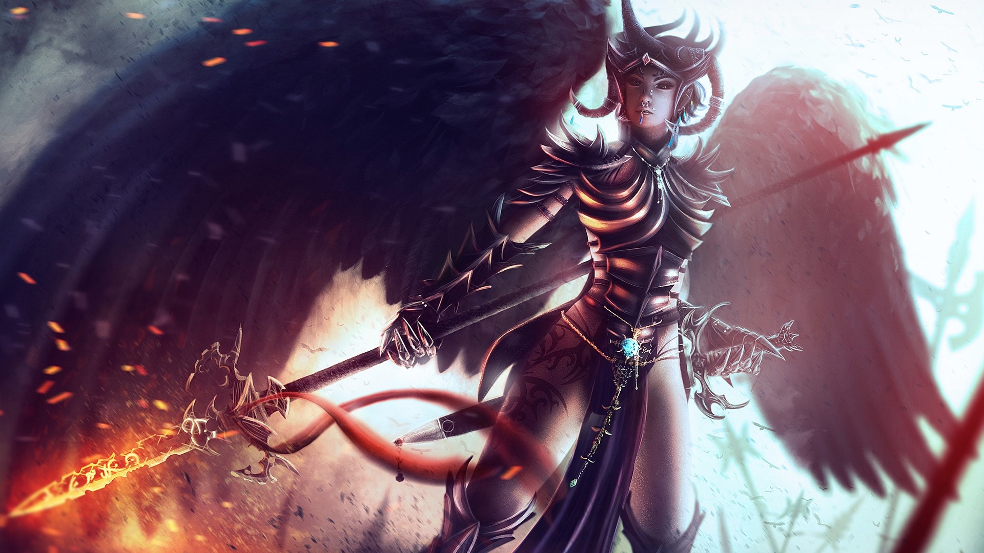 Fantasy Warrior with Flaming Sword and Wings HD Wallpaper