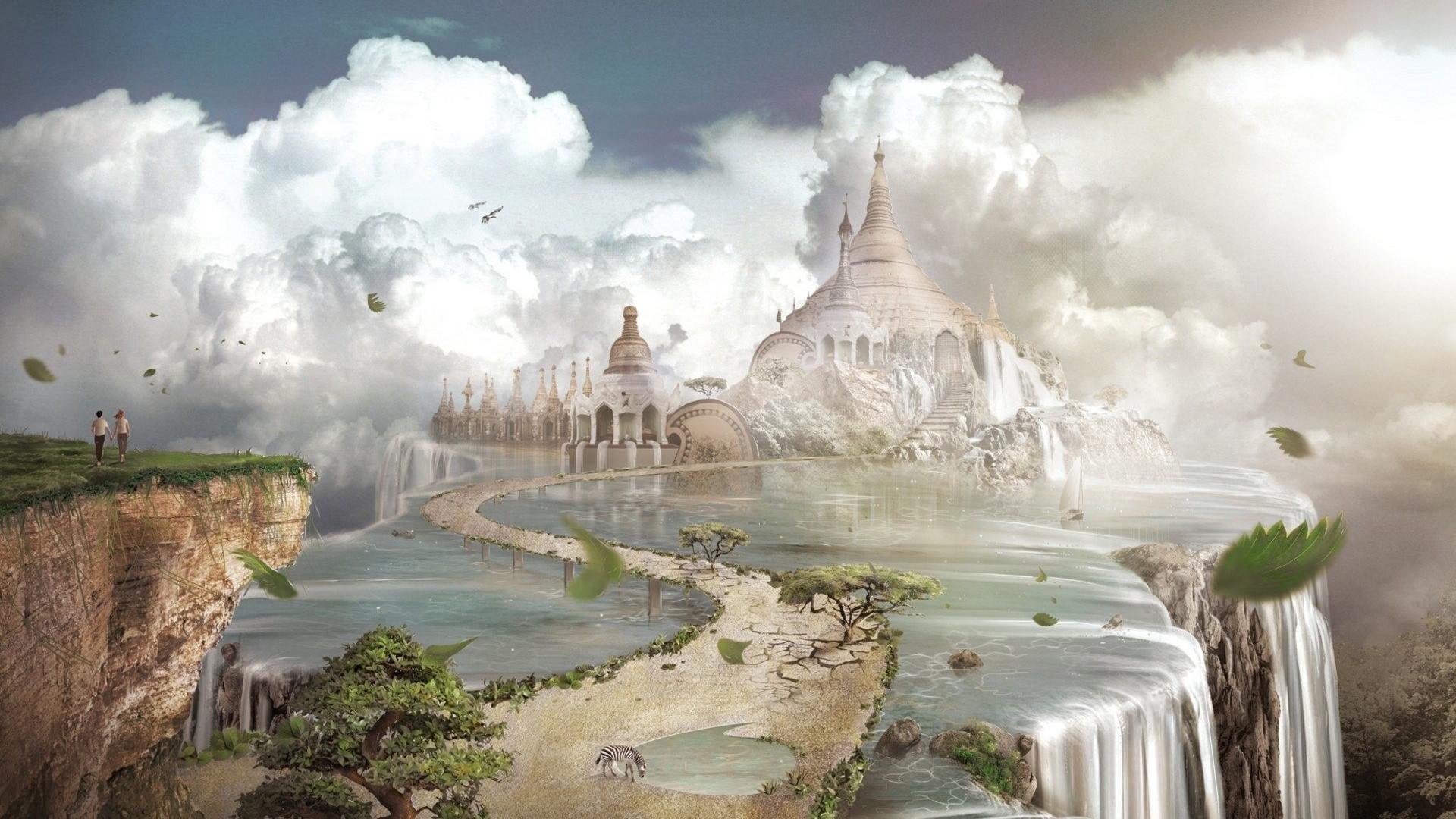 Fantasy world with floating islands and pagodas HD Wallpaper