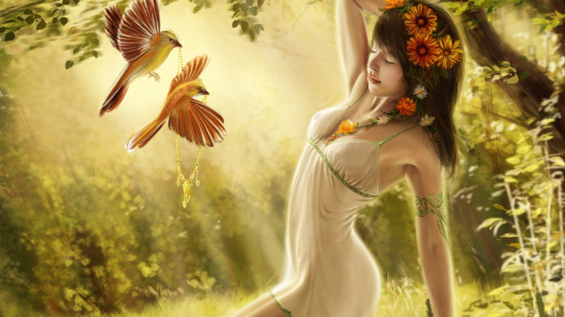 Fantasy girl with flowers and birds in forest HD Wallpaper